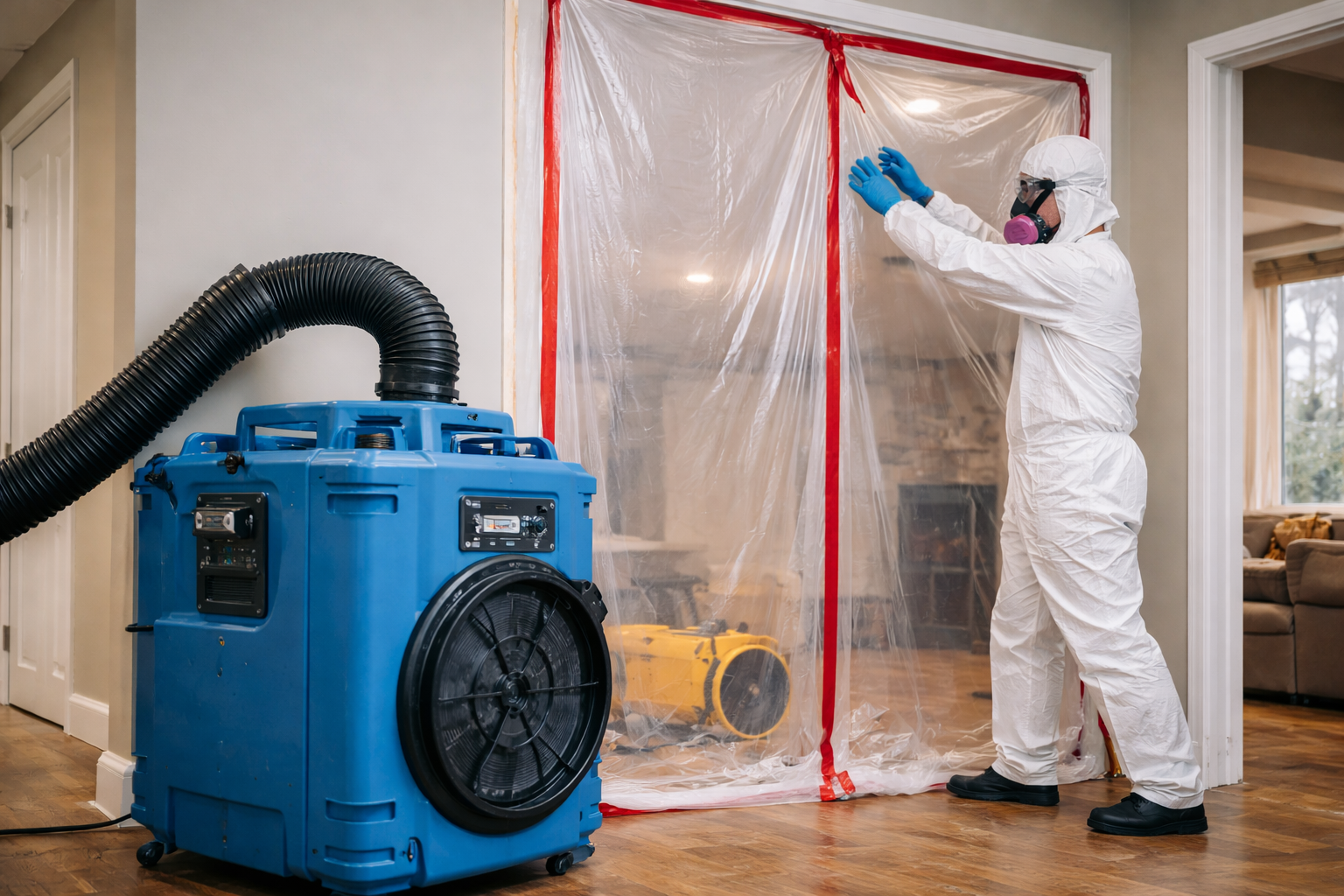 Person in protective gear sealing mold area